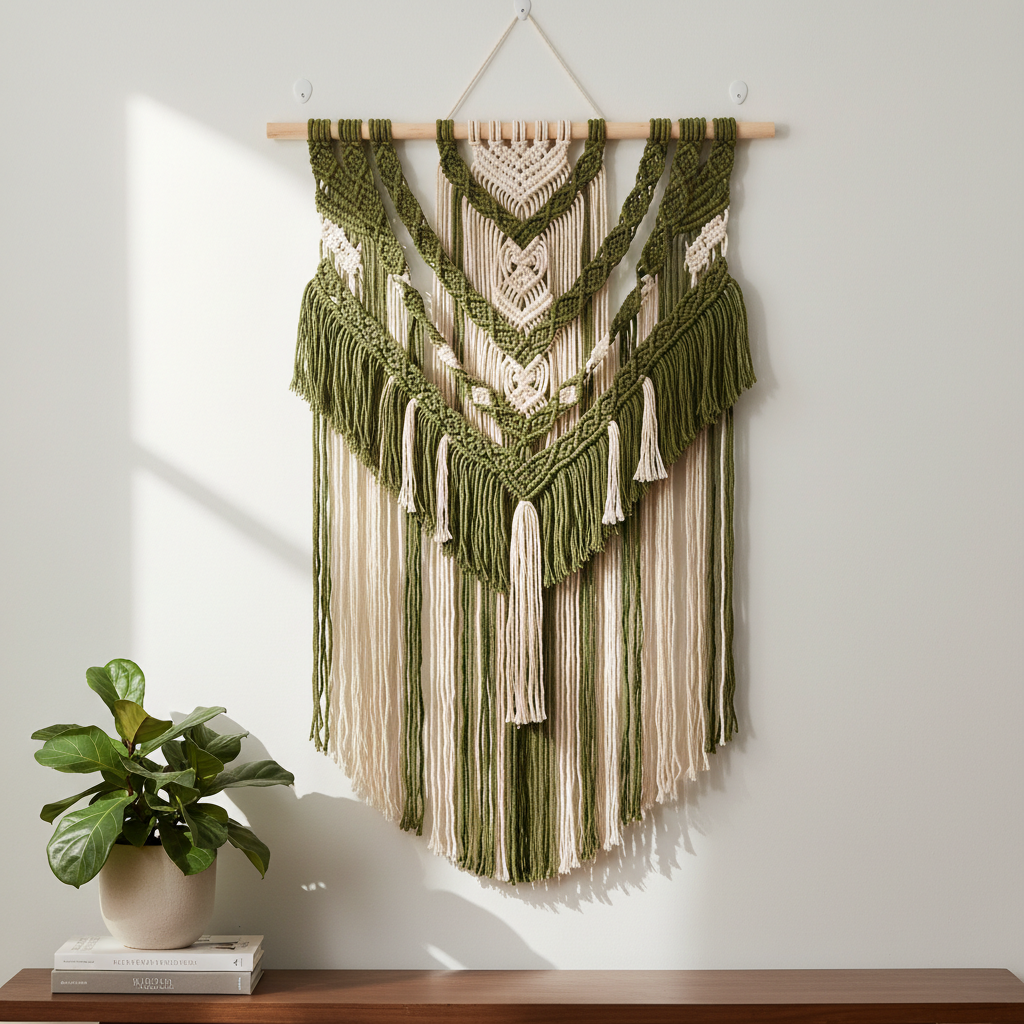 Boho Woven Wall Hanging Tapestry in Olive Green and Cream