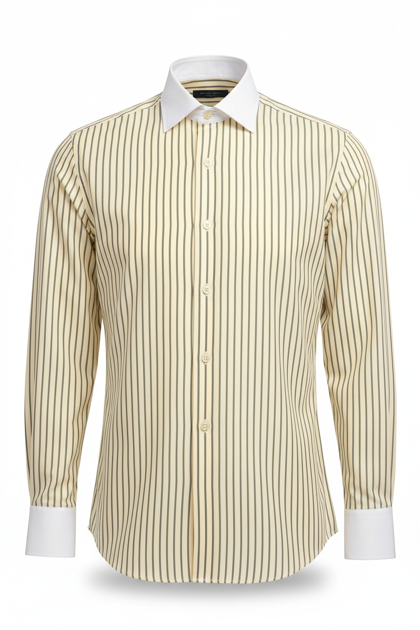 Men's Formal Dress Shirt in Cream with Olive Green Stripe
