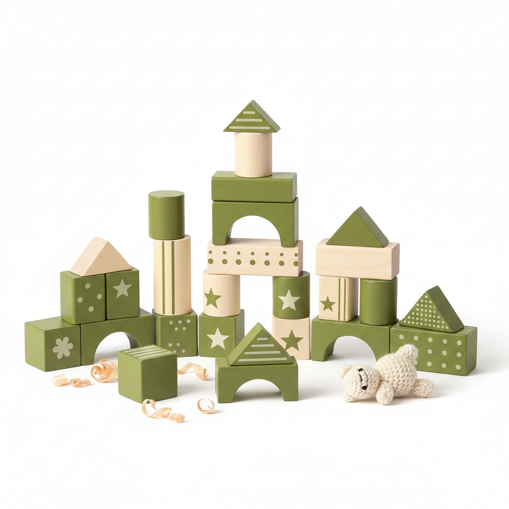 Wooden Building Blocks Set in Olive Green and Cream