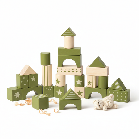 Wooden Building Blocks Set in Olive Green and Cream