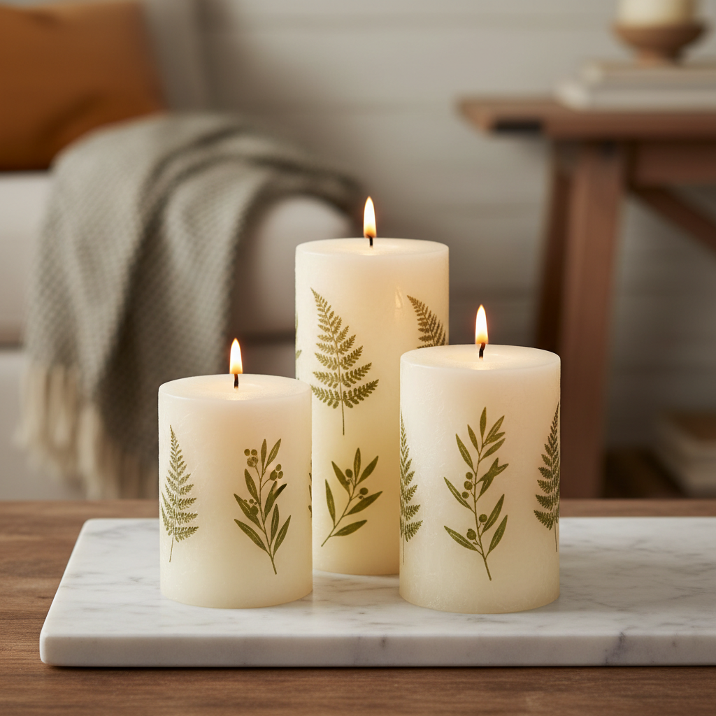 Botanical Scented Pillar Candle Set in Cream and Olive Green