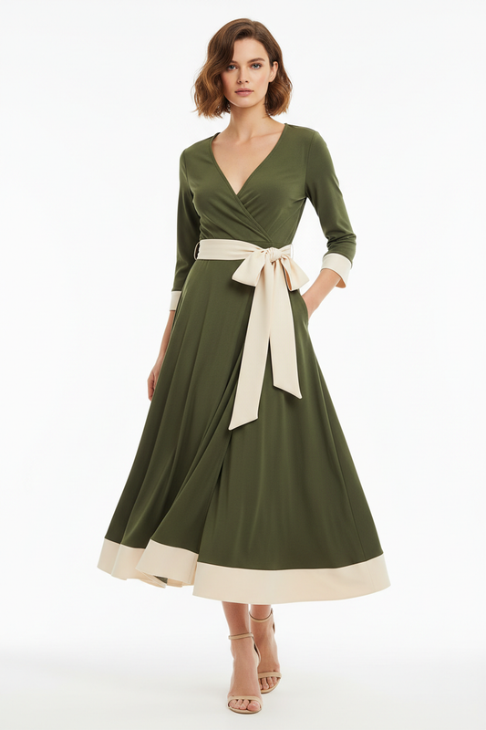 Women's Wrap Midi Dress in Olive Green and Cream