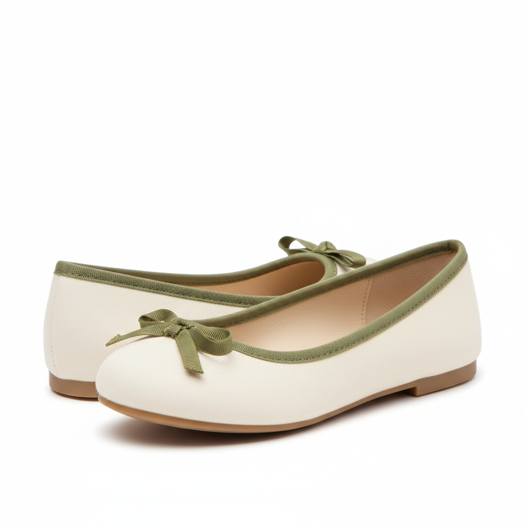 Girls' Ballet Flats in Cream with Olive Green Bow