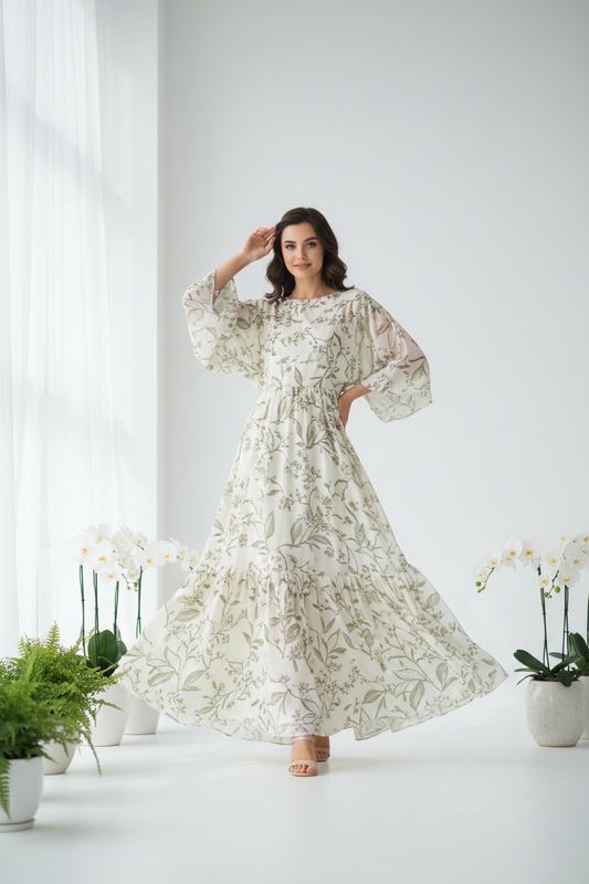Women's Floral Maxi Dress in Cream and Olive Green