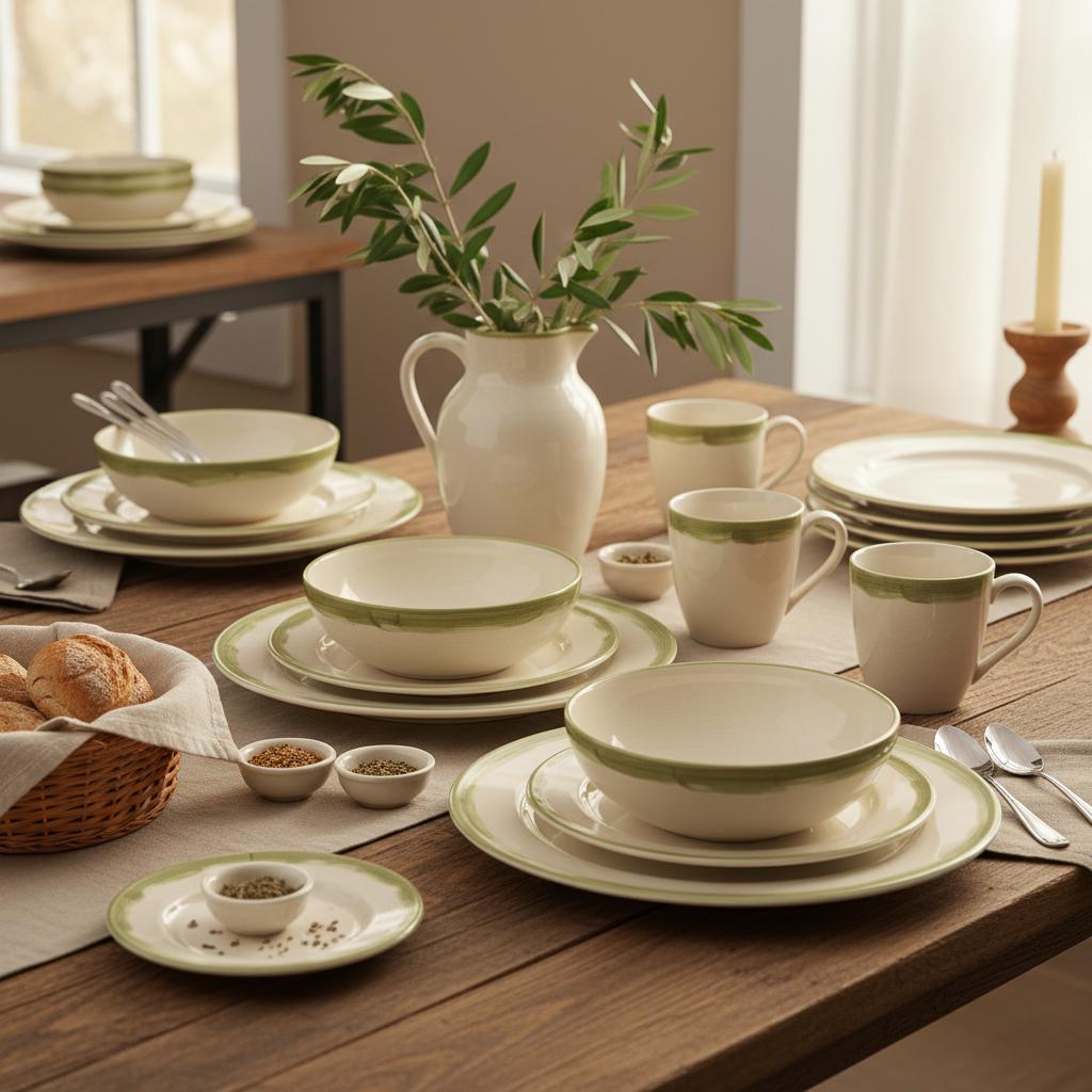 Ceramic Dinner Set in Olive Green and Cream