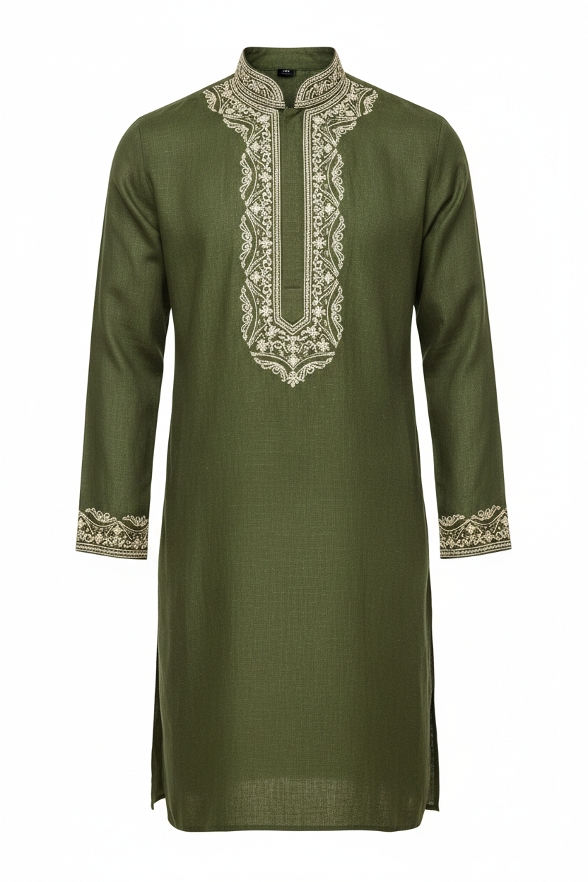 Men's Linen Kurta in Olive Green with Cream Embroidery