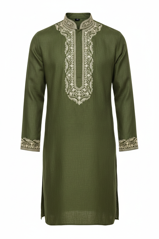 Men's Linen Kurta in Olive Green with Cream Embroidery