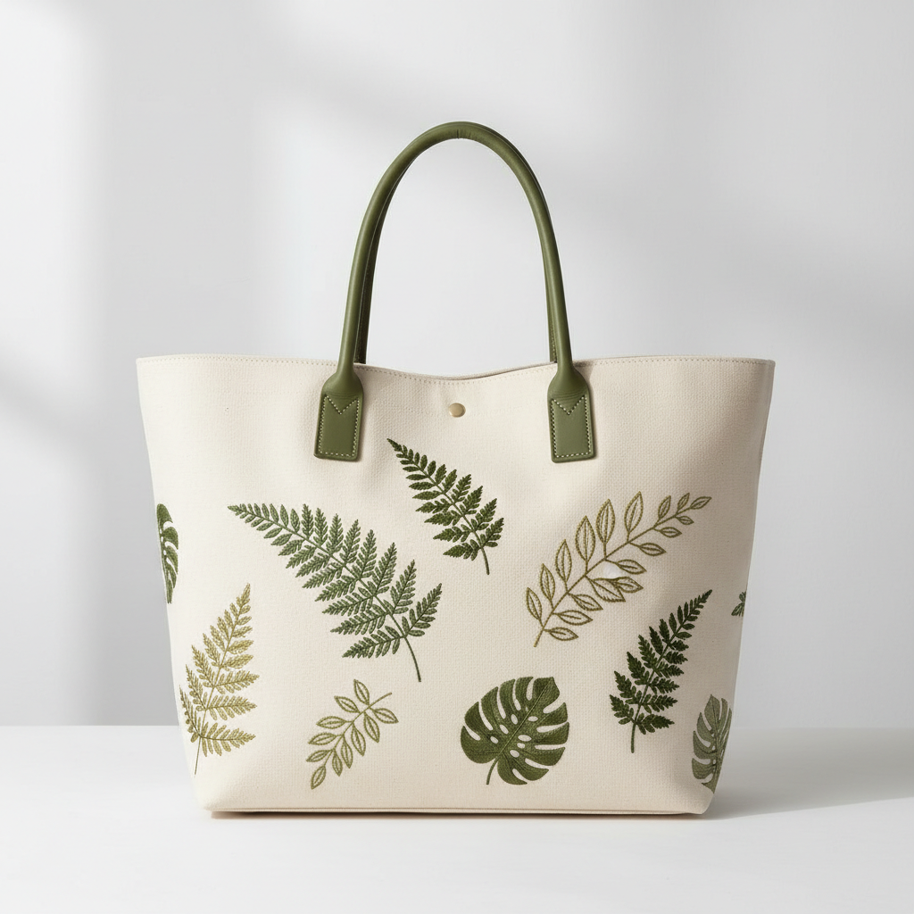 Botanical Canvas Tote Bag in Cream and Olive Green