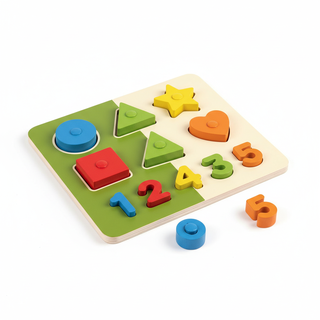 Educational Wooden Puzzle Board in Olive Green and Cream