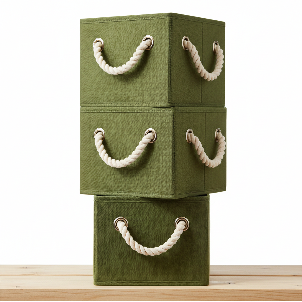 Collapsible Fabric Storage Cube Boxes in Olive Green and Cream
