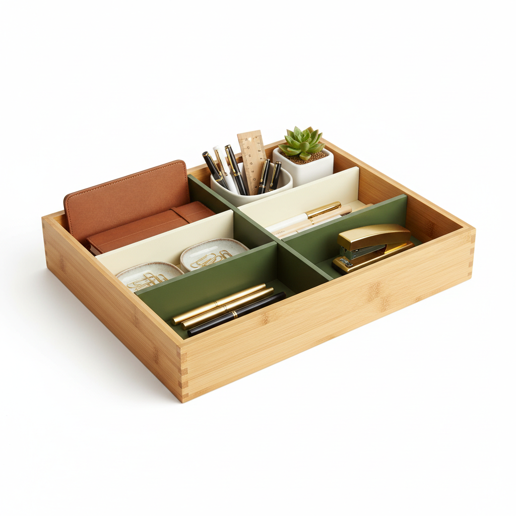 Bamboo Drawer Organizer with Olive Green and Cream Dividers
