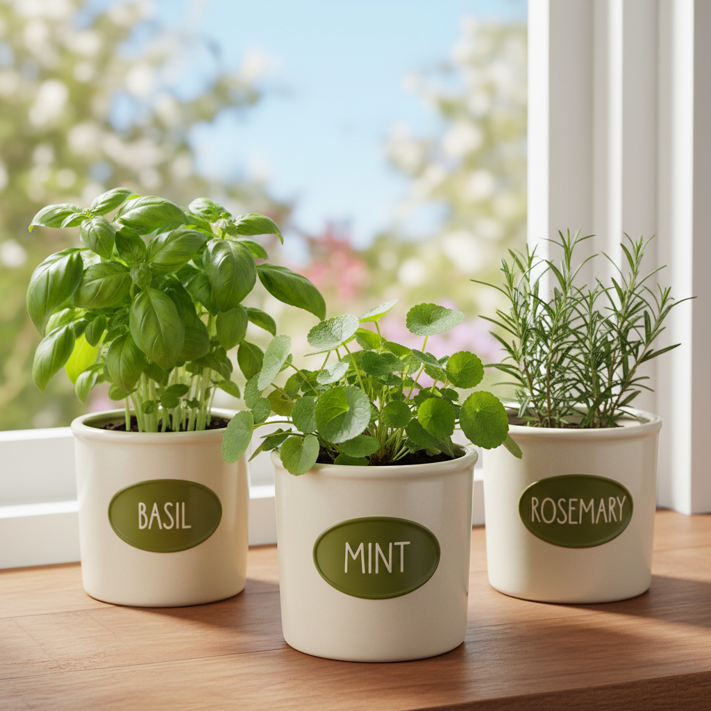 Ceramic Kitchen Herb Planter Set in Cream and Olive Green